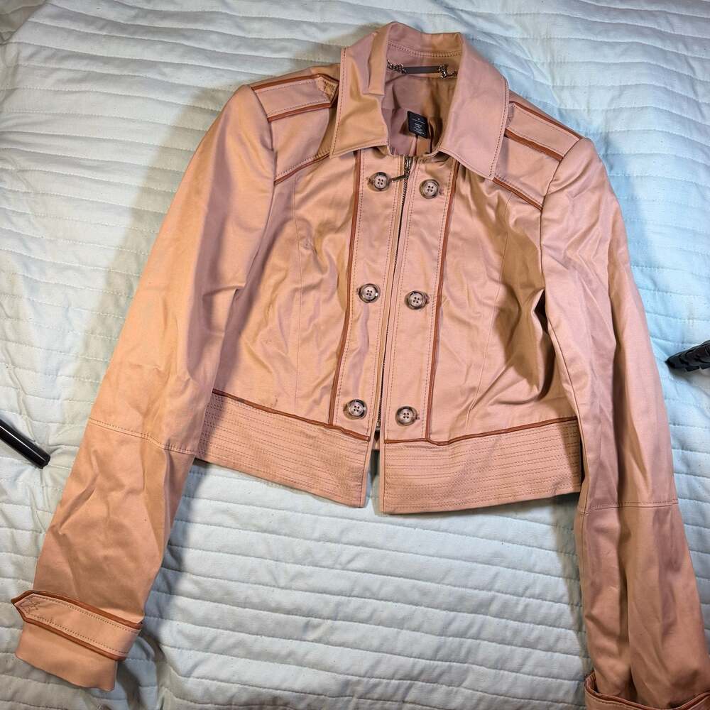 White House Black Market Tan Military Style Cropped Jacket- Faux Leather Trim